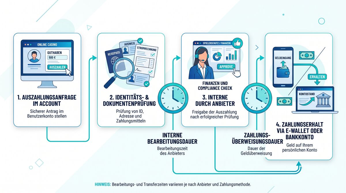 Auszahlungsprozess mit Anfrage, Identitätsprüfung, interner Freigabe und Überweisung an E-Wallet oder Bankkonto.