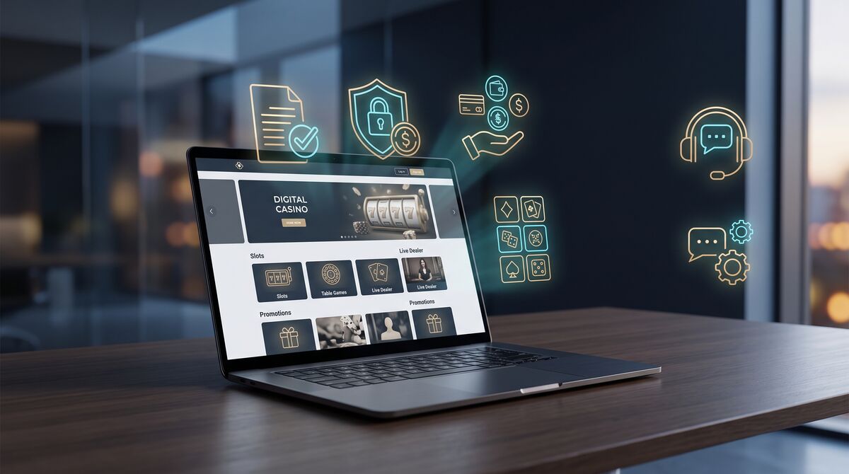 Laptop mit neutraler Casino-Oberfläche und Symbolen für Lizenz, Auszahlungen, Zahlungsarten, Spiele und Support.