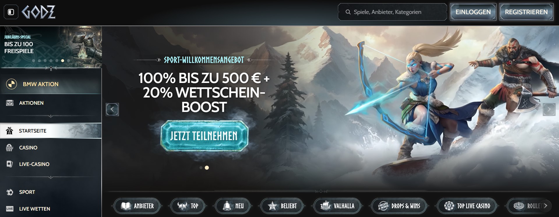 Godz-Startseite mit Sport-Willkommensangebot bis 500 Euro, Wettschein-Boost und nordischem Fantasy-Motiv.