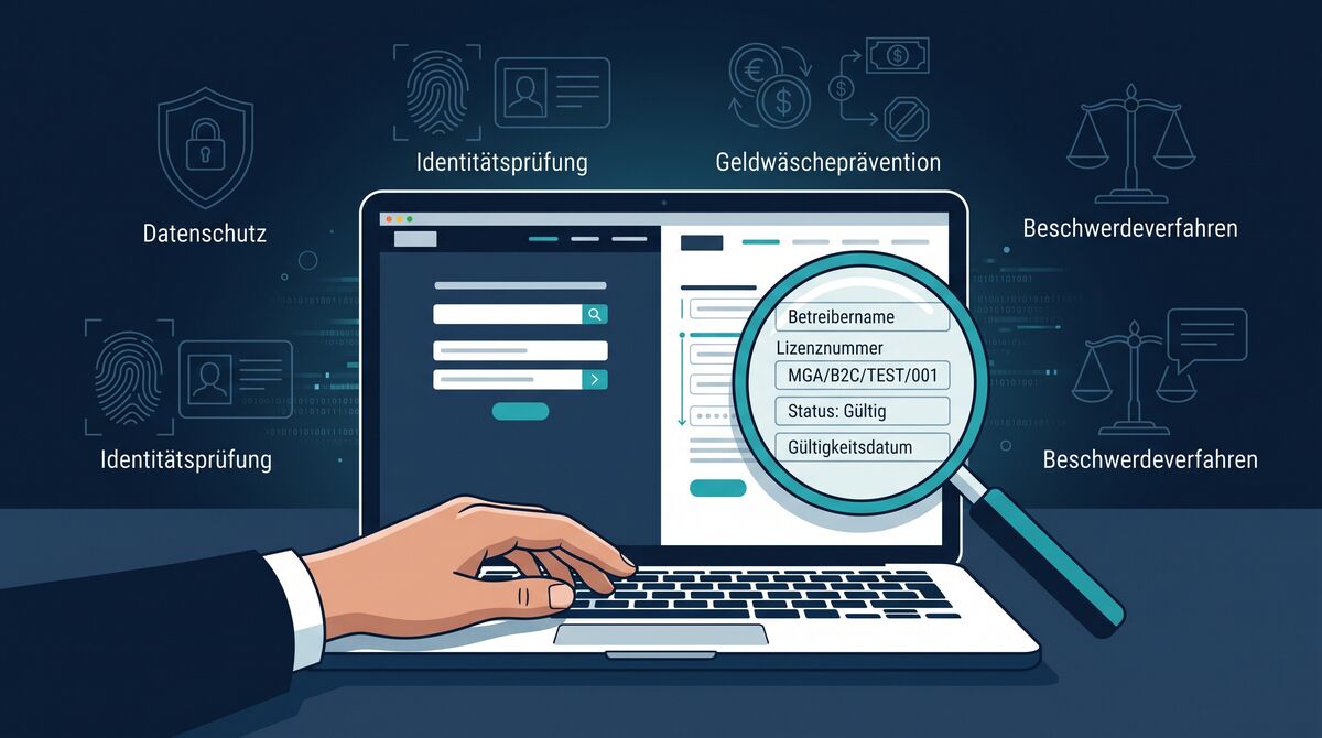 Abgleich einer Casino-Lizenznummer mit Betreiber, Status und Gültigkeitsdatum in einem Online-Register.