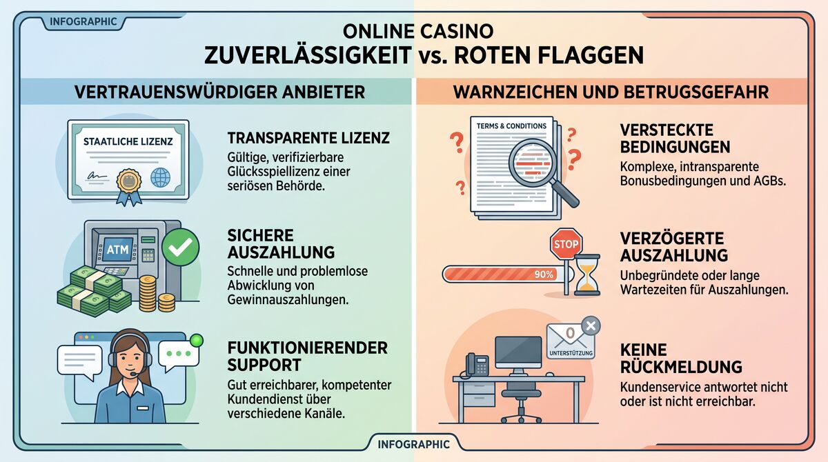 Gegenüberstellung transparenter Casino-Bedingungen und Warnsignalen wie versteckten Regeln und verzögerten Auszahlungen.