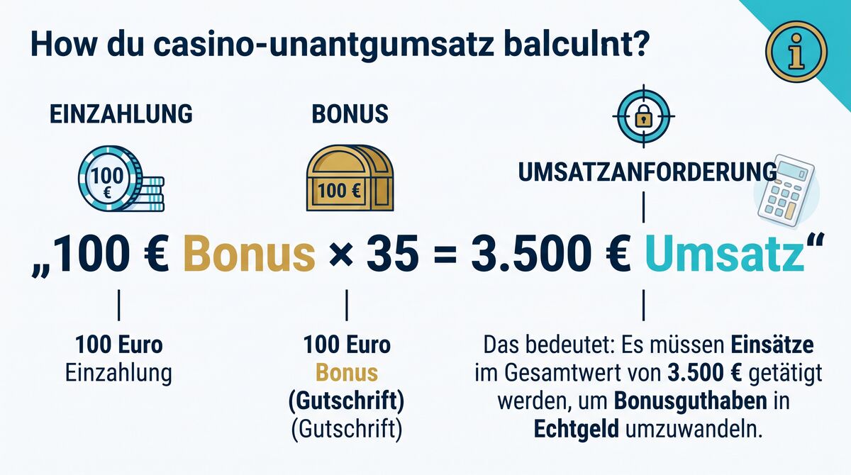 Rechenbeispiel: 100 Euro Casino-Bonus mal 35 ergeben 3.500 Euro erforderlichen Umsatz.