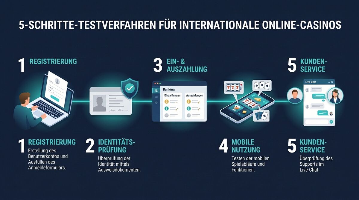 Fünfstufiger Casino-Test mit Registrierung, Identitätsprüfung, Kasse, mobiler Nutzung und Support.