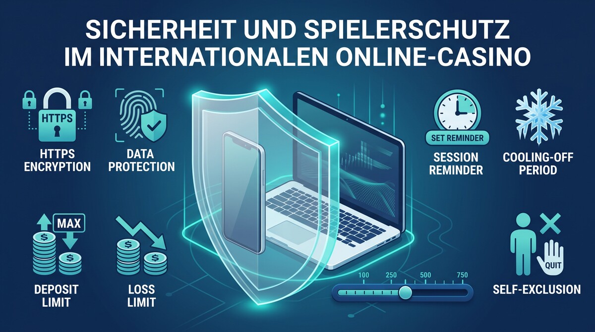 Geschützte Casino-Geräte mit Symbolen für Verschlüsselung, Datenschutz, Einzahlungslimits, Pausen und Selbstausschluss.