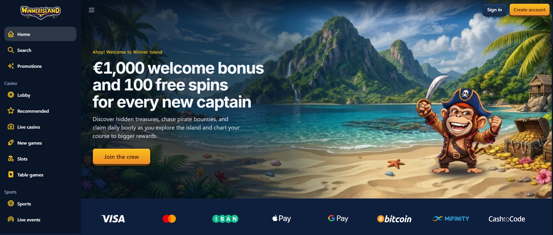 Winnerisland-Startseite mit 1.000-Euro-Willkommensbonus, 100 Freispielen und Piratenaffen vor einer tropischen Insel.
