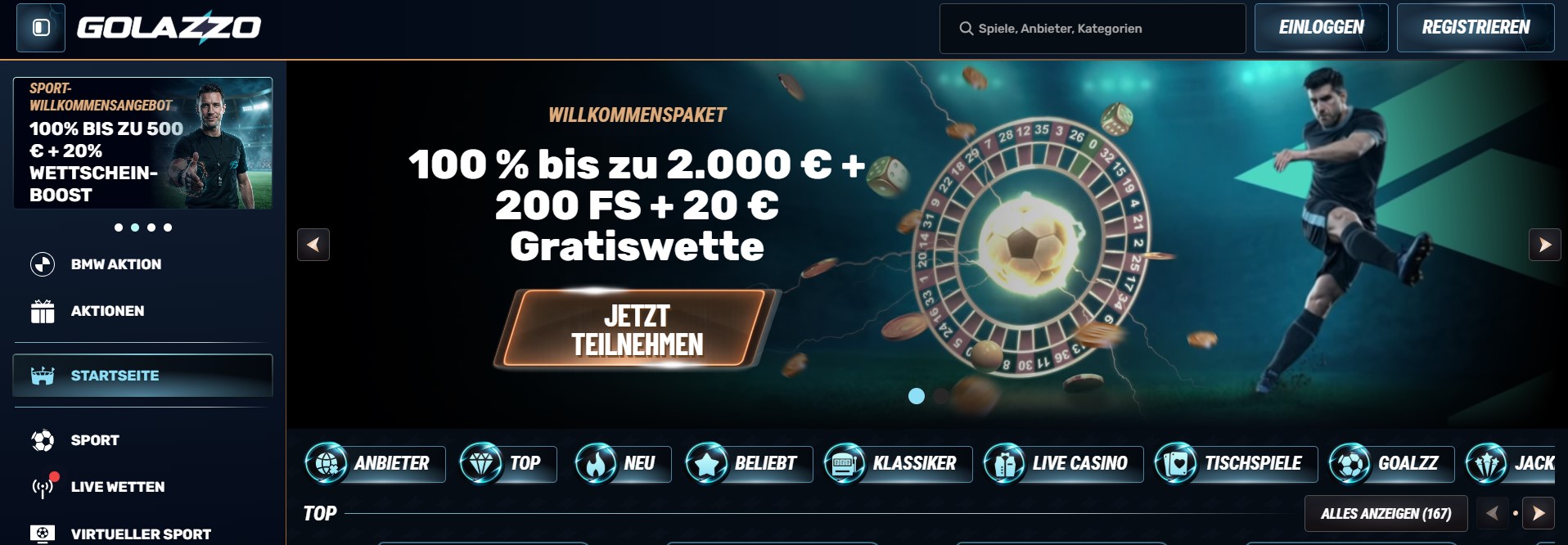 Golazzo-Startseite mit Willkommenspaket bis 2.000 Euro, 200 Freispielen und Fußballspieler neben einem Rouletterad.
