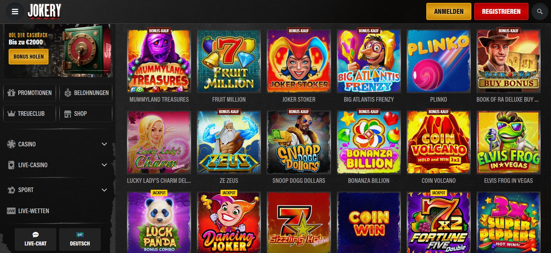 Jokery-Startseite mit farbenfroher Automatenspiel-Auswahl und Menüs für Casino, Live-Casino, Sport und Live-Wetten.