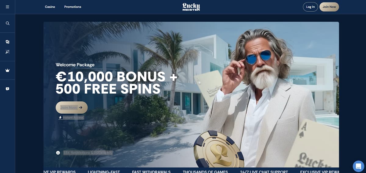 LuckyMeister-Startseite mit Willkommenspaket bis 10.000 Euro und 500 Freispielen vor einer luxuriösen Villa.